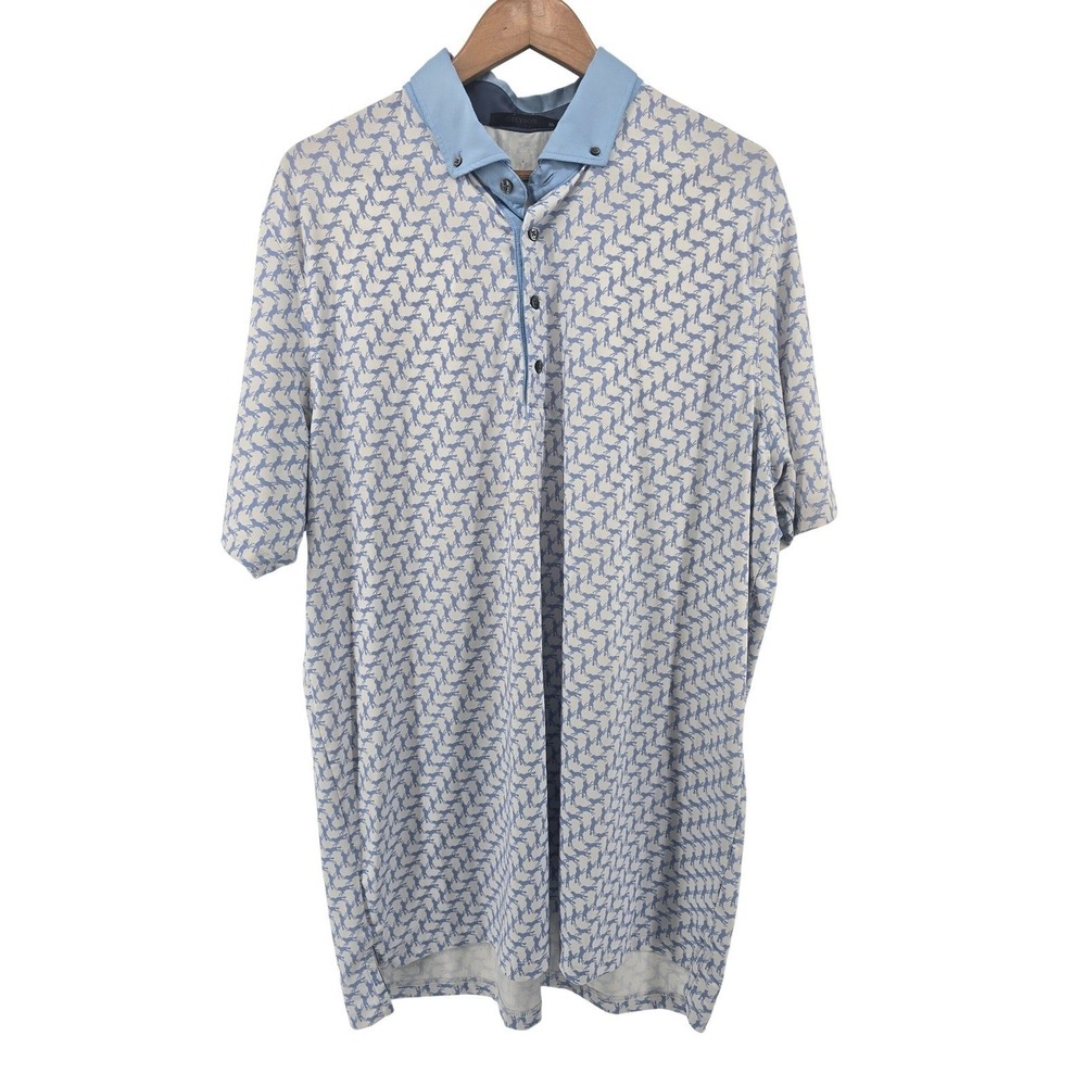 Greyson Polo Shirt Mens XL Blue White Wolf Print Short Sleeve Performance Golf